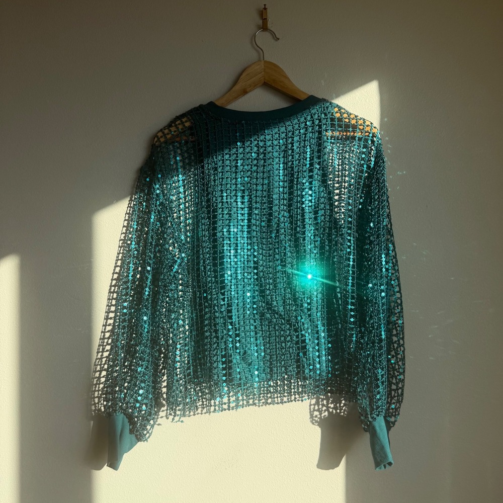 Anthropologie Pilcro Teal Sequin Lattice Long Sleeve Top - Picture 8 of 8